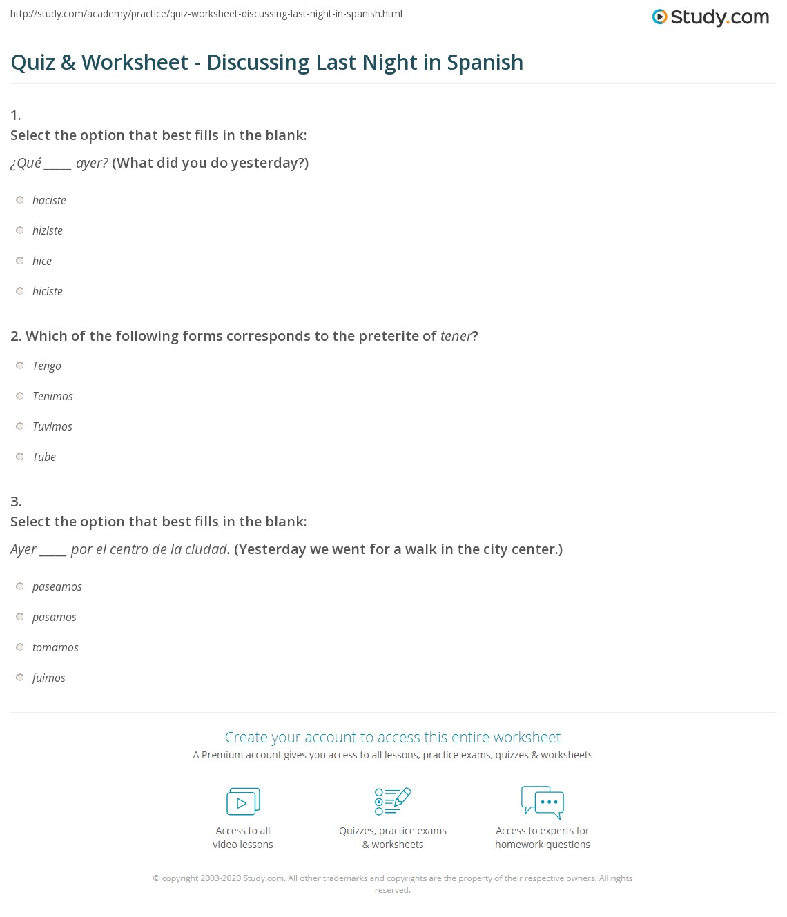Quiz & Worksheet - Discussing Last Night in Spanish | Study.com