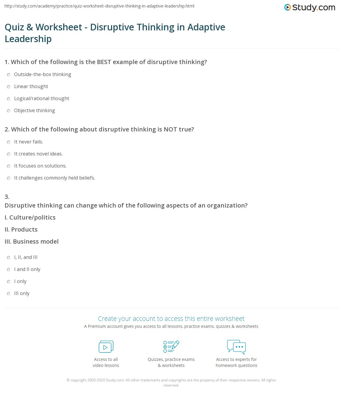 Quiz & Worksheet - Disruptive Thinking in Adaptive Leadership | Study.com