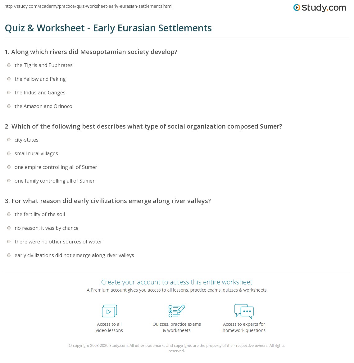 Quiz & Worksheet - Early Eurasian Settlements | Study.com