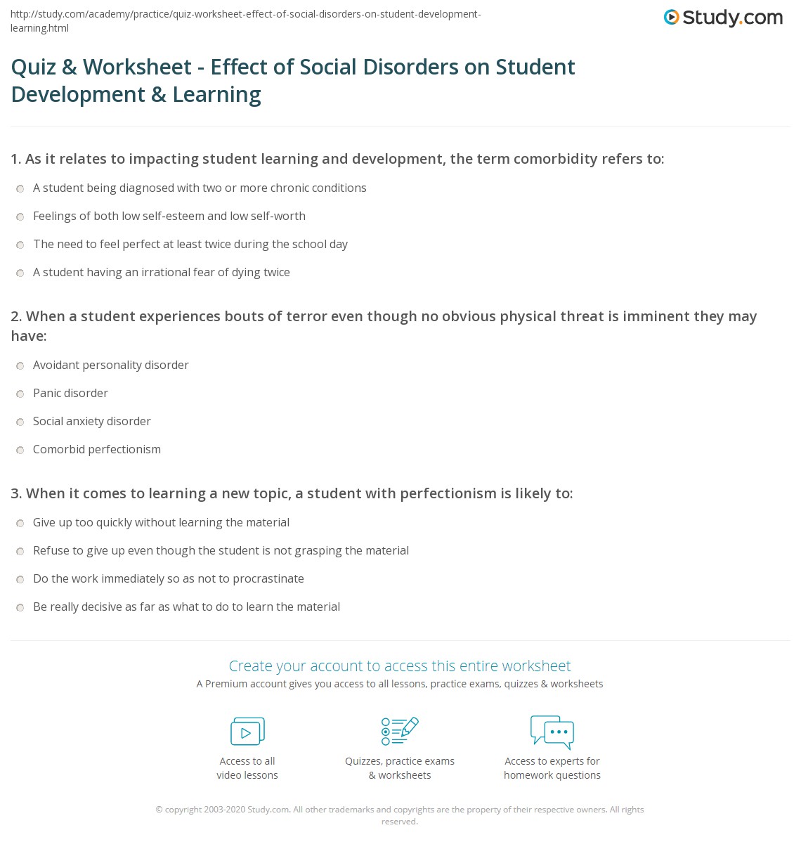 Quiz Worksheet Effect Of Social Disorders On Student Development Learning Study