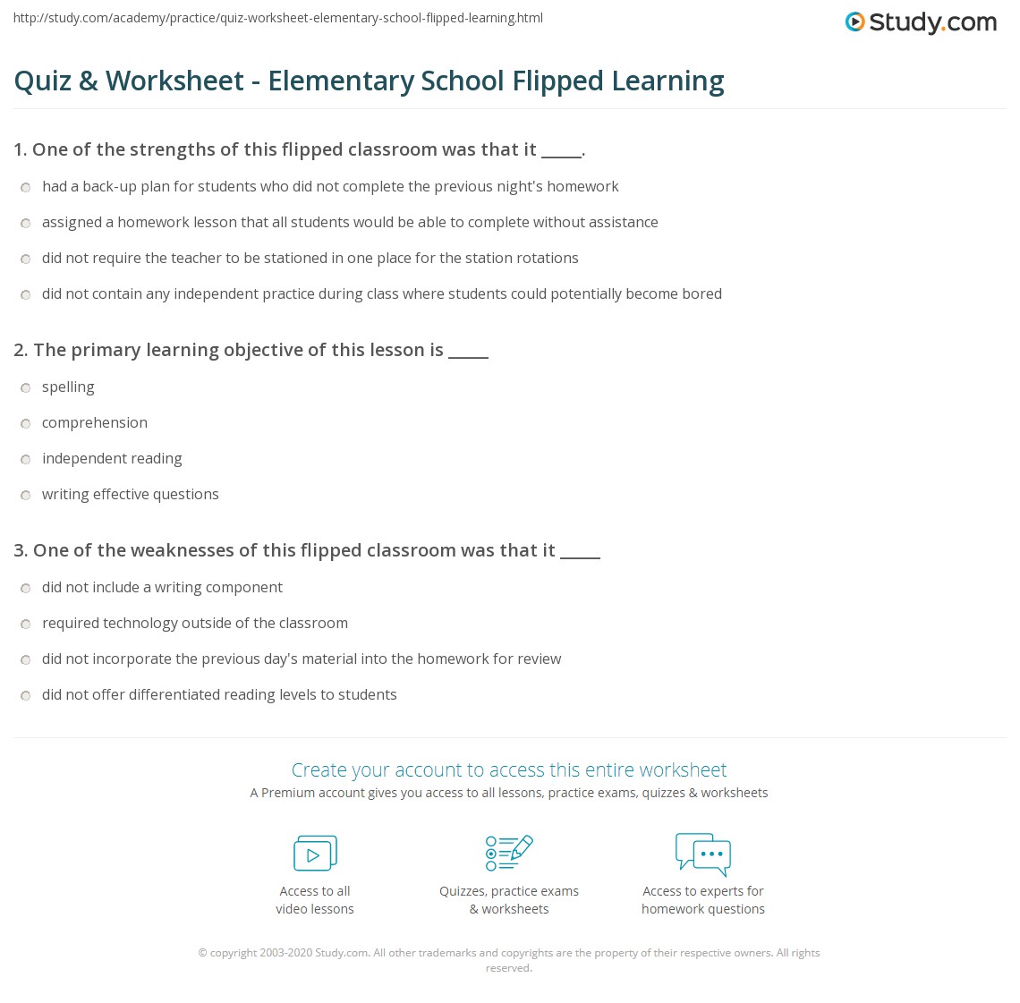 Quiz Worksheet Elementary School Flipped Learning Study