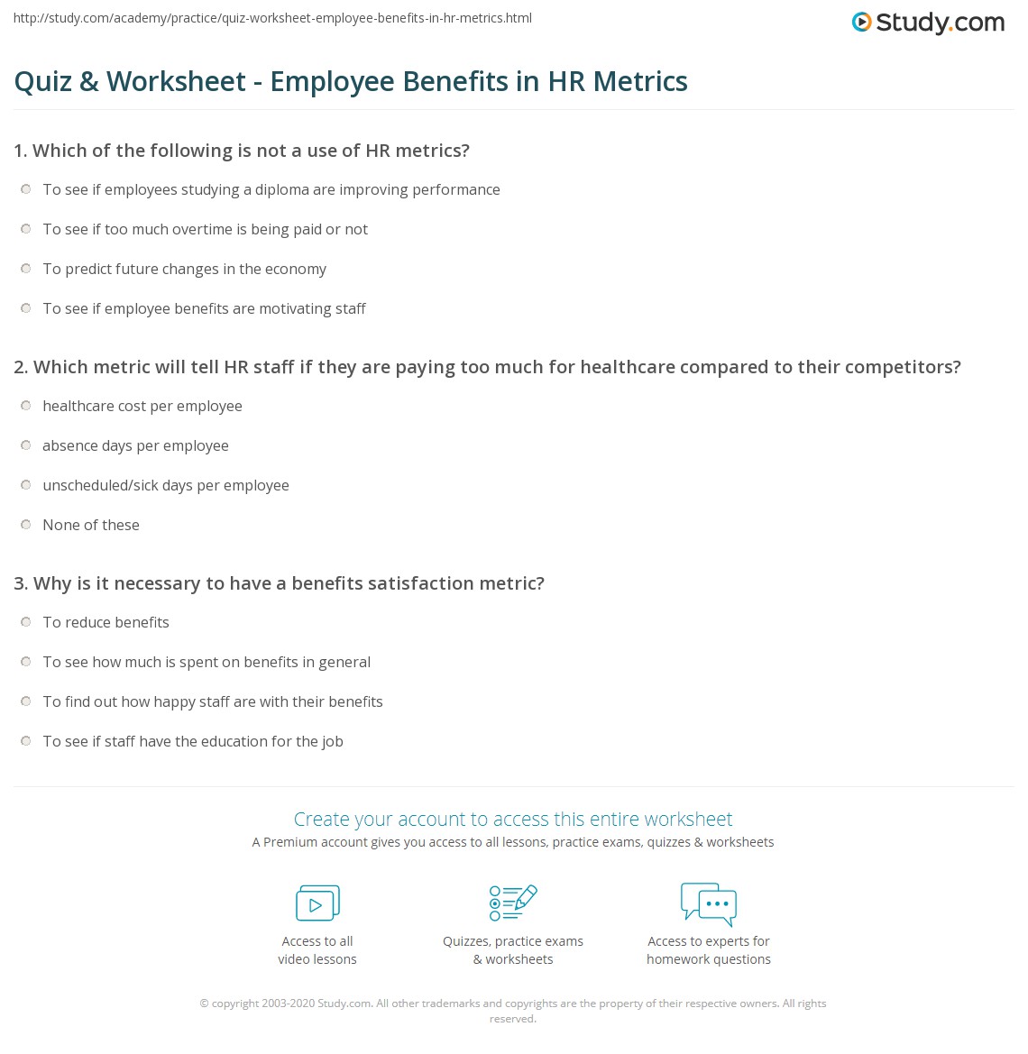 Quiz &amp; Worksheet - Employee Benefits in HR Metrics | Study.com