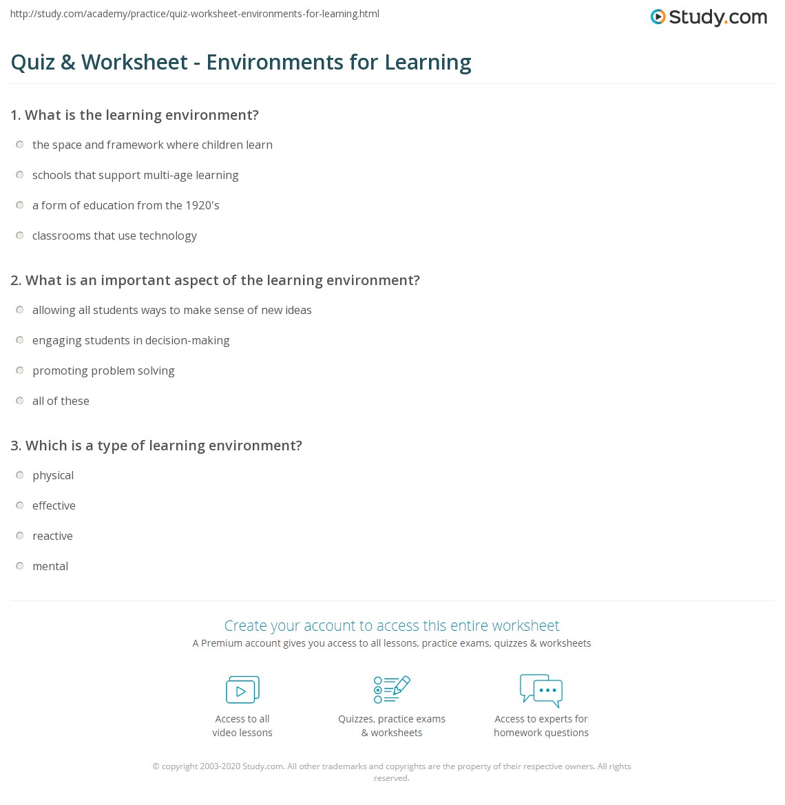 Quiz & Worksheet - Environments for Learning | Study.com