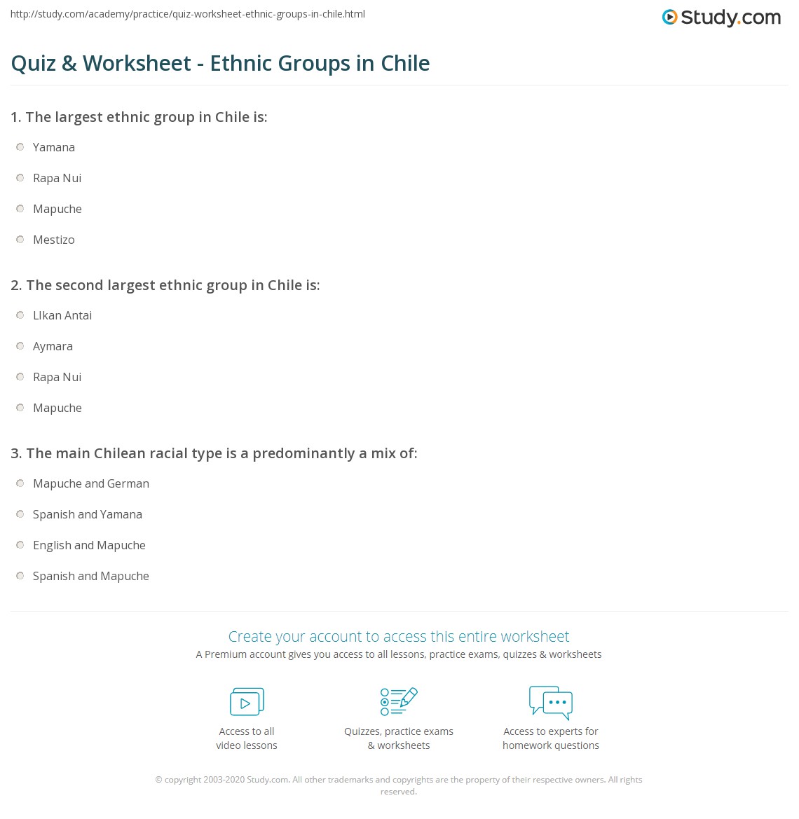 Quiz & Worksheet Ethnic Groups in Chile