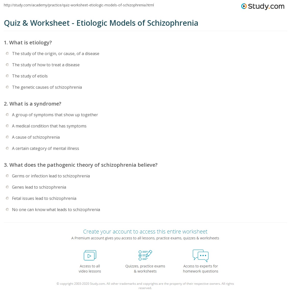 Quiz Worksheet Etiologic Models Of Schizophrenia Study Com