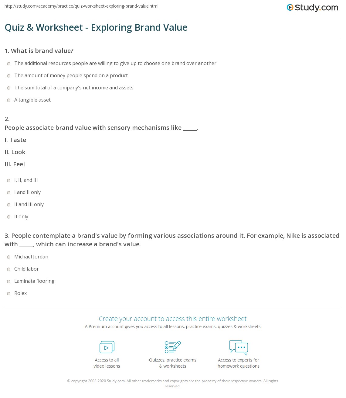 Quiz & Worksheet - Exploring Brand Value | Study.com