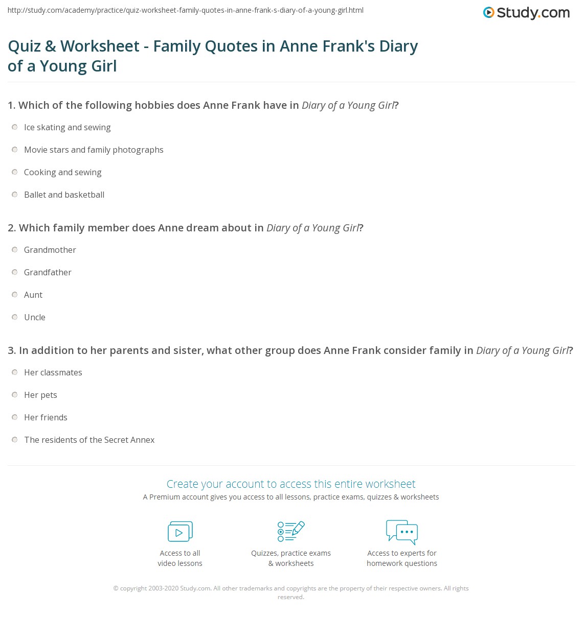 Quiz & Worksheet - Family Quotes in Anne Frank's Diary of a Young Girl |  Study.com