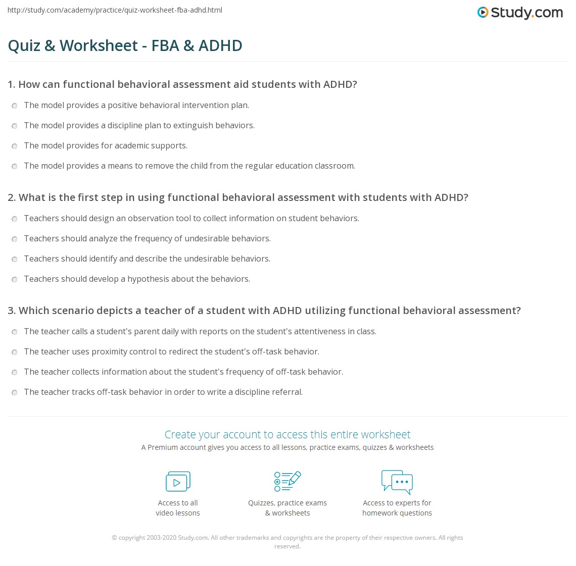 Quiz & Worksheet - FBA & ADHD | Study.com