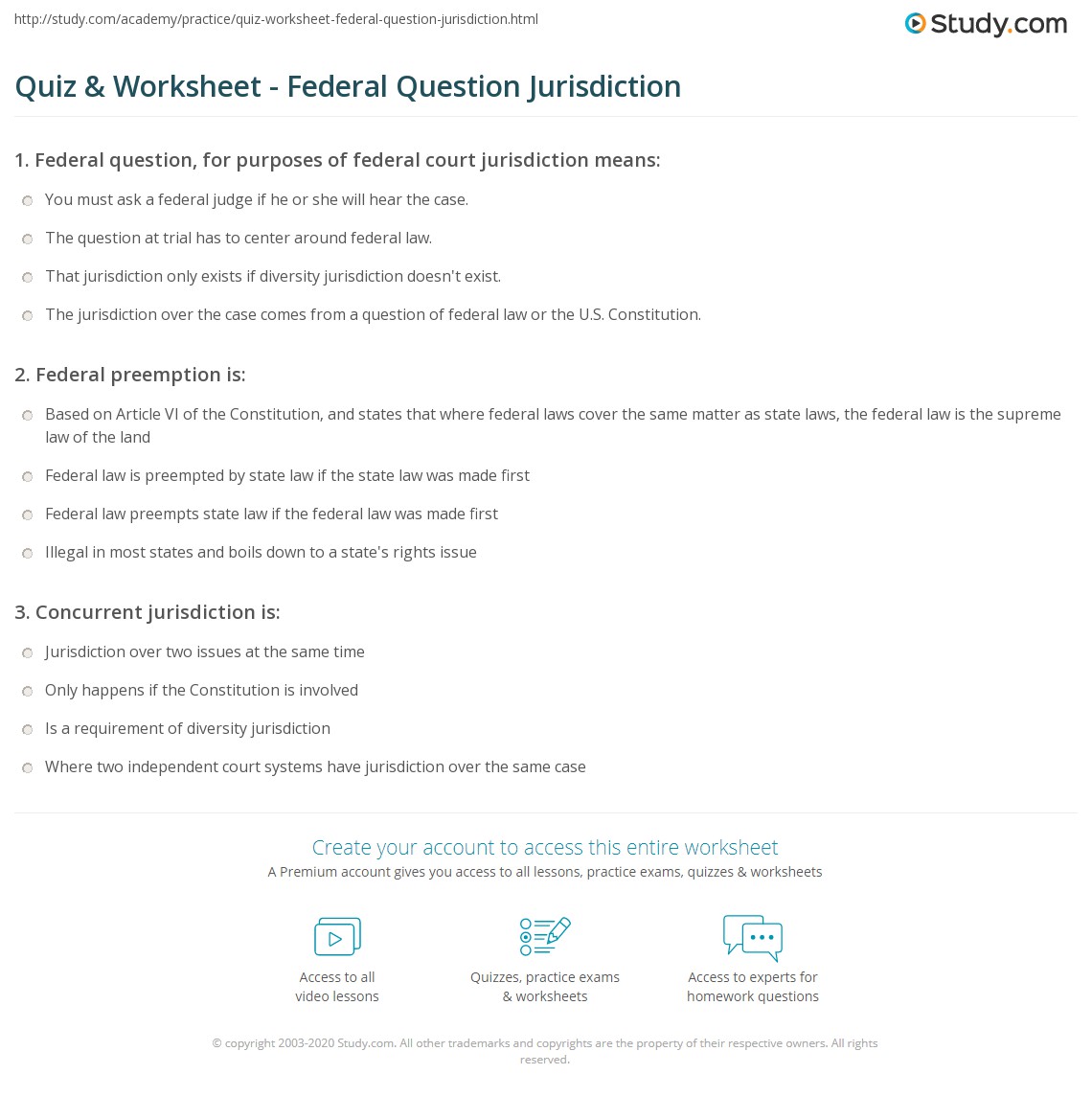 Quiz & Worksheet Federal Question Jurisdiction
