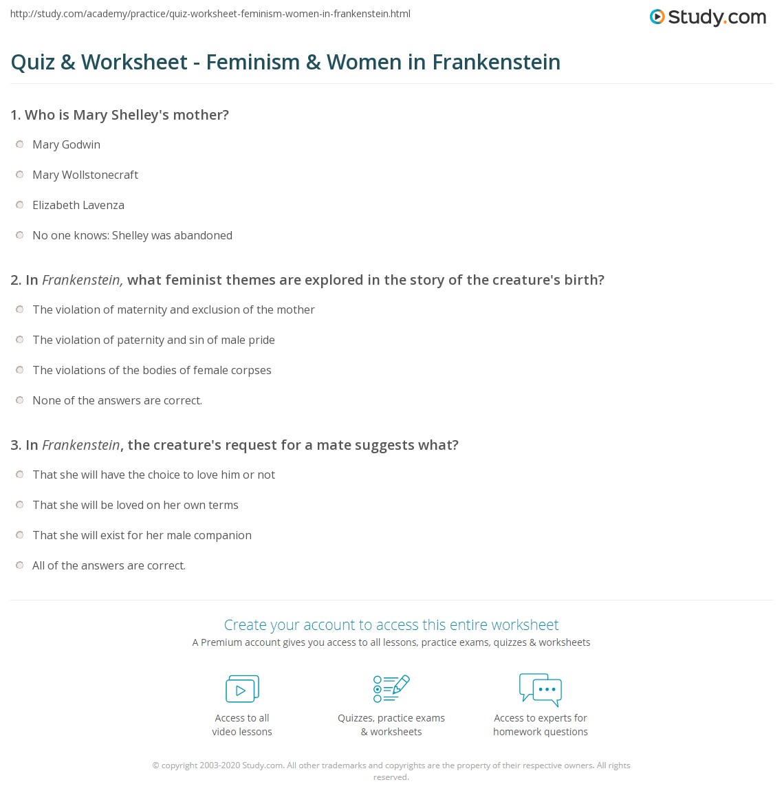 Quiz & Worksheet Feminism & Women in Frankenstein