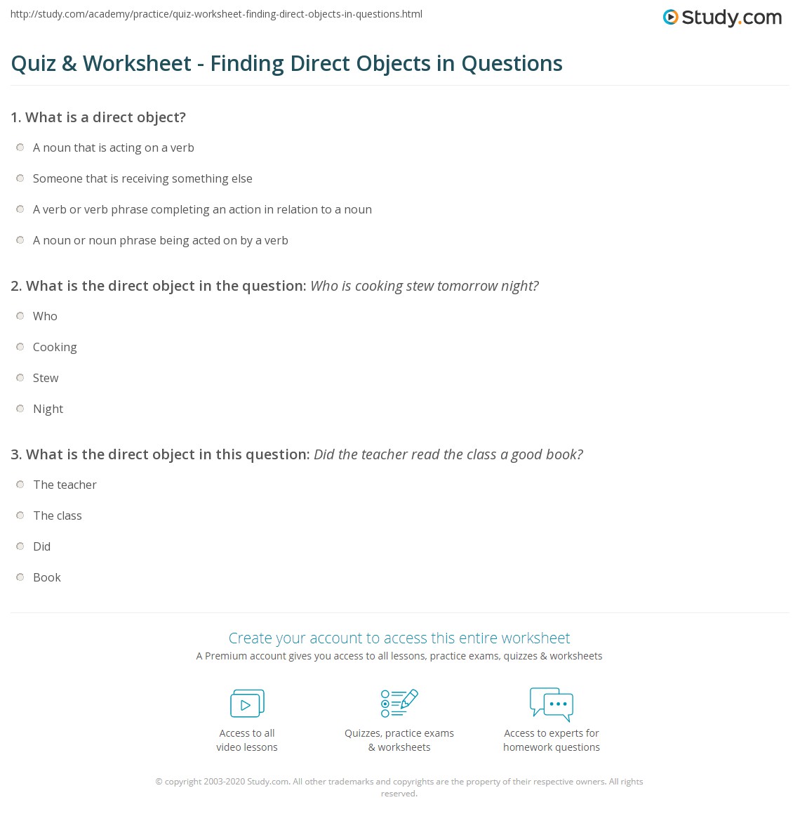 Quiz & Worksheet - Finding Direct Objects in Questions | Study.com