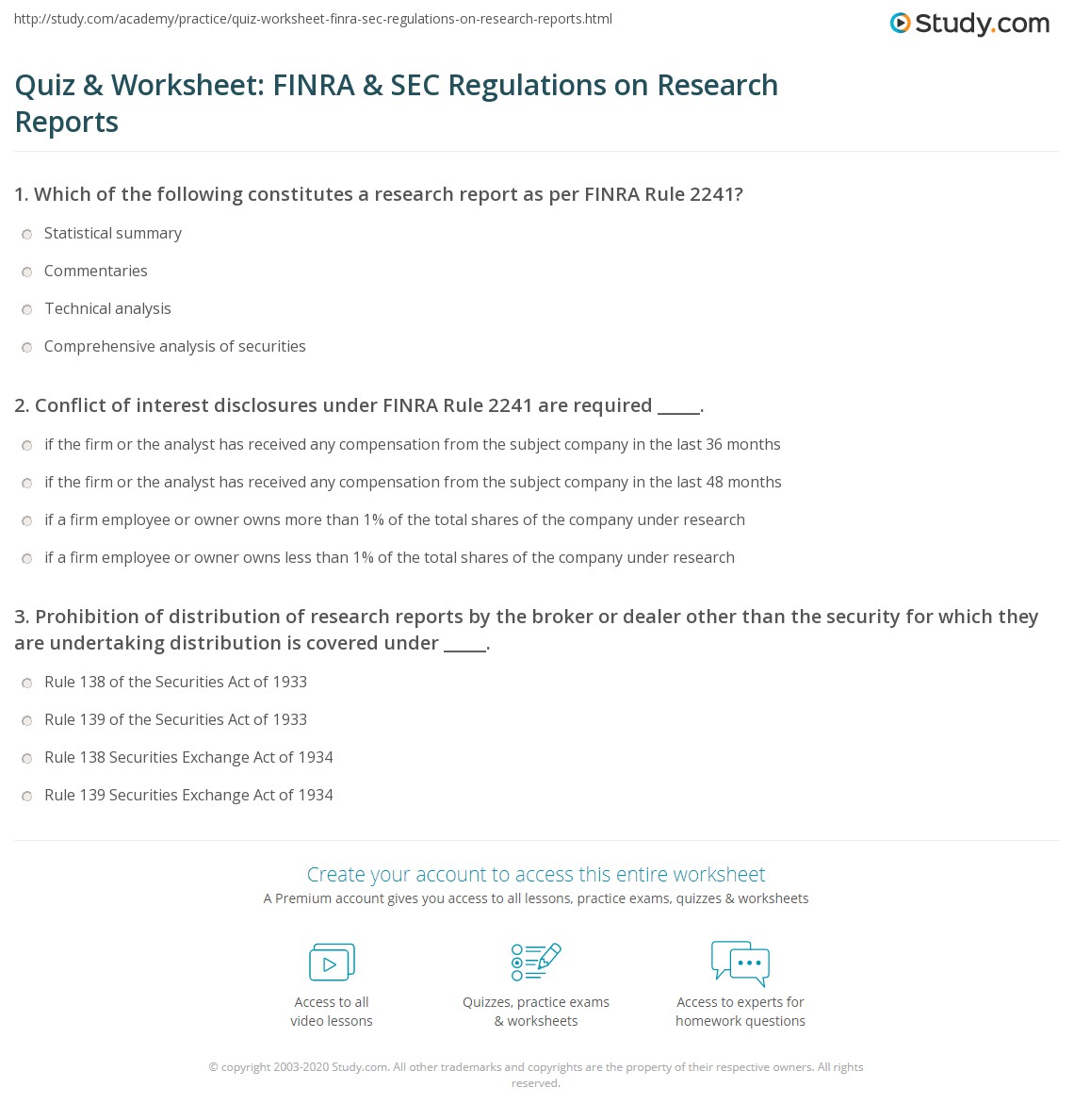 Quiz & Worksheet: FINRA & SEC Regulations on Research Reports | Study.com