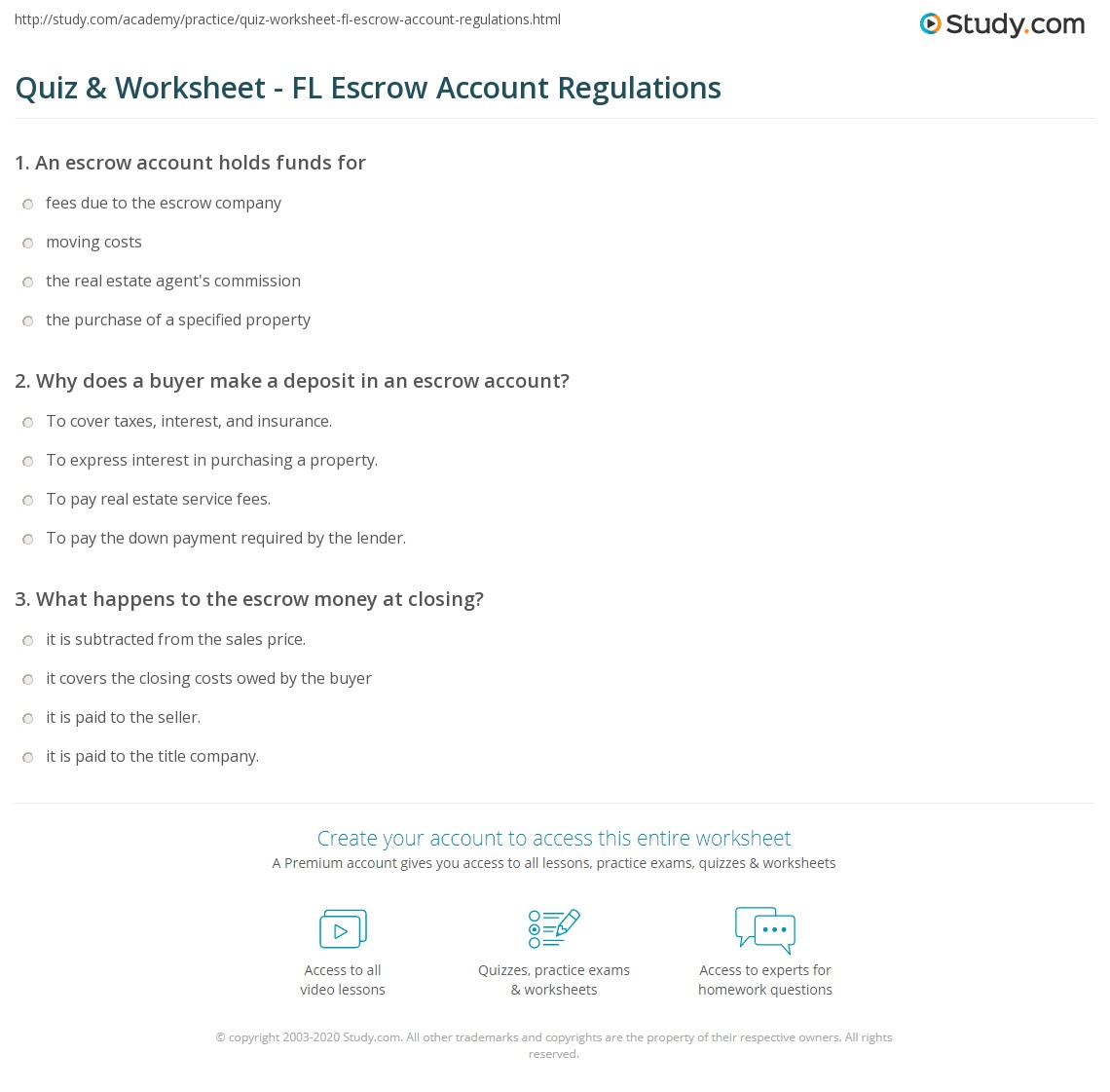 Quiz & Worksheet FL Escrow Account Regulations