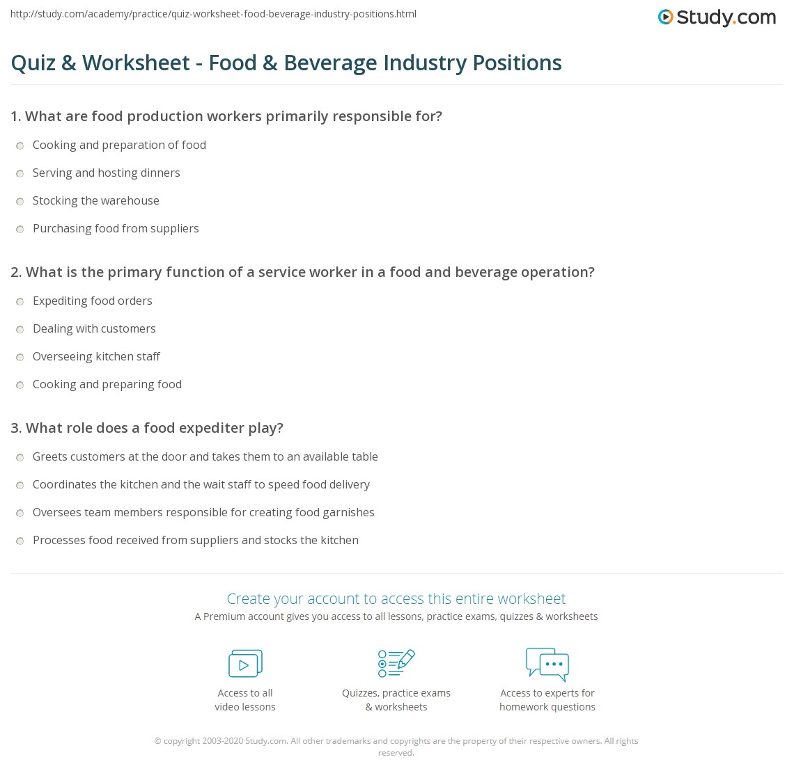 Quiz Worksheet Food Beverage Industry Positions Study Com