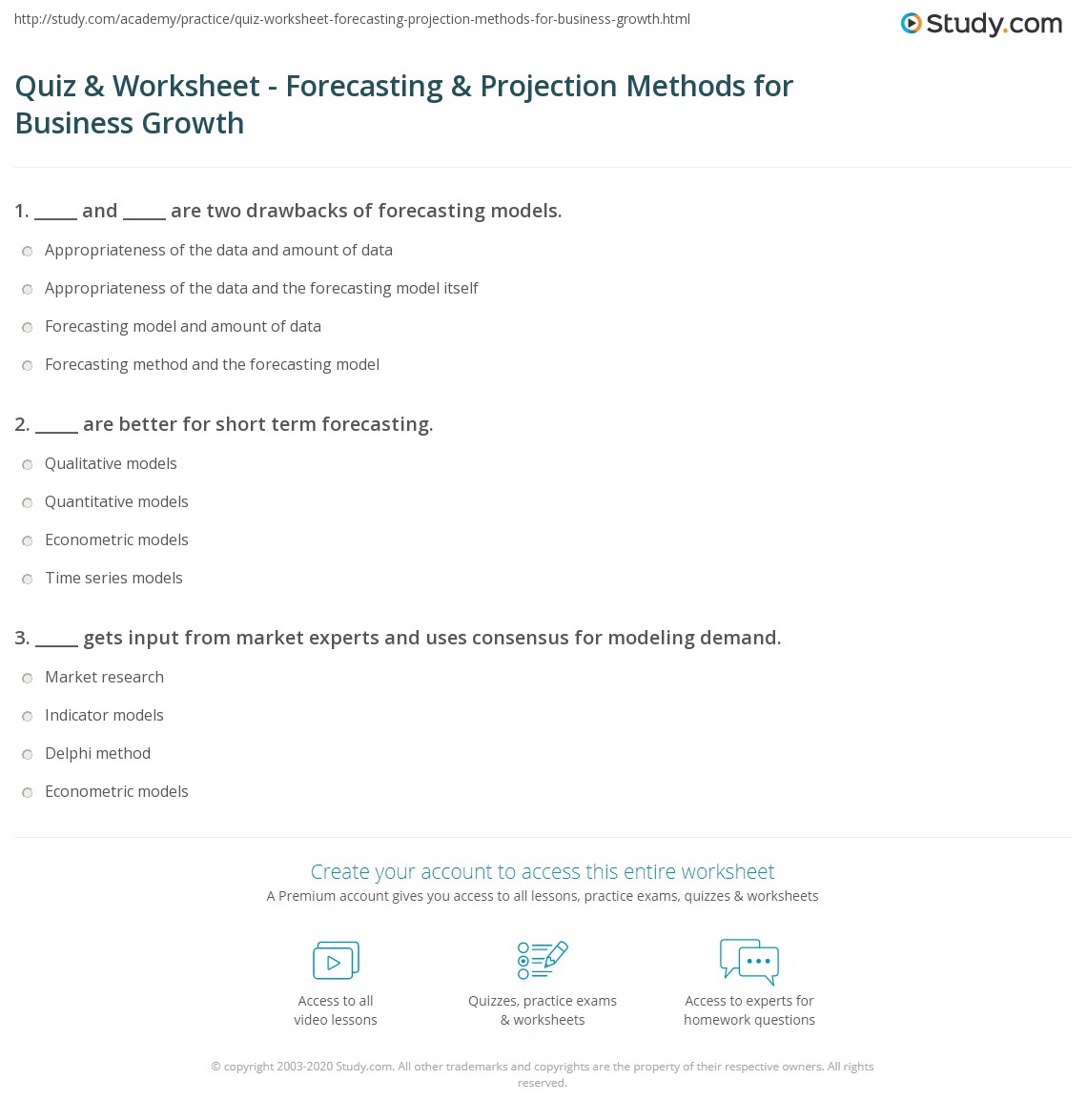 Quiz & Worksheet - Forecasting & Projection Methods for Business Growth ...