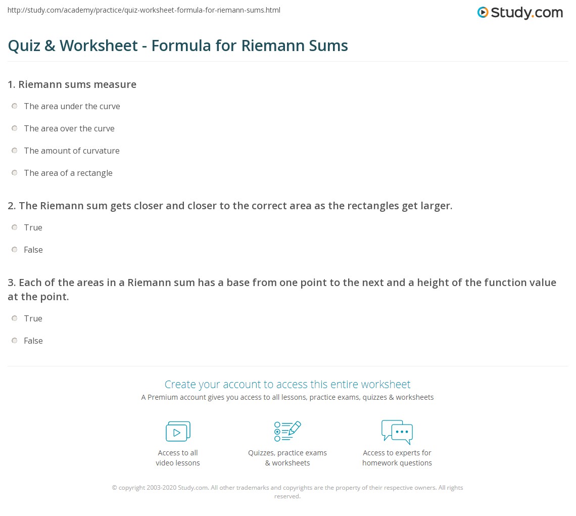 Quiz Worksheet Formula For Riemann Sums Study