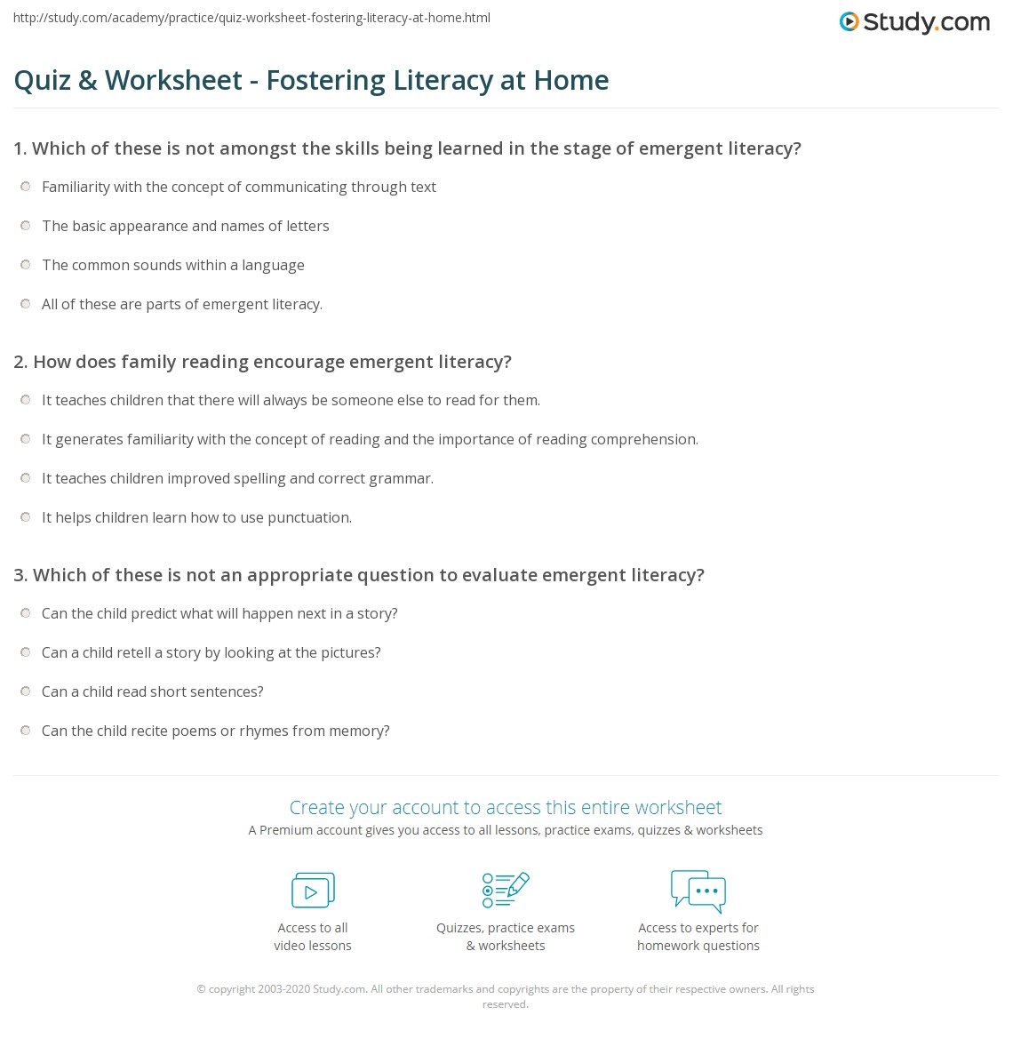 Quiz & Worksheet - Fostering Literacy at Home | Study.com