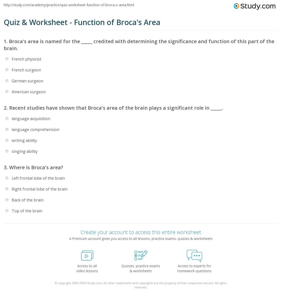 Quiz & Worksheet - Function of Broca's Area | Study.com