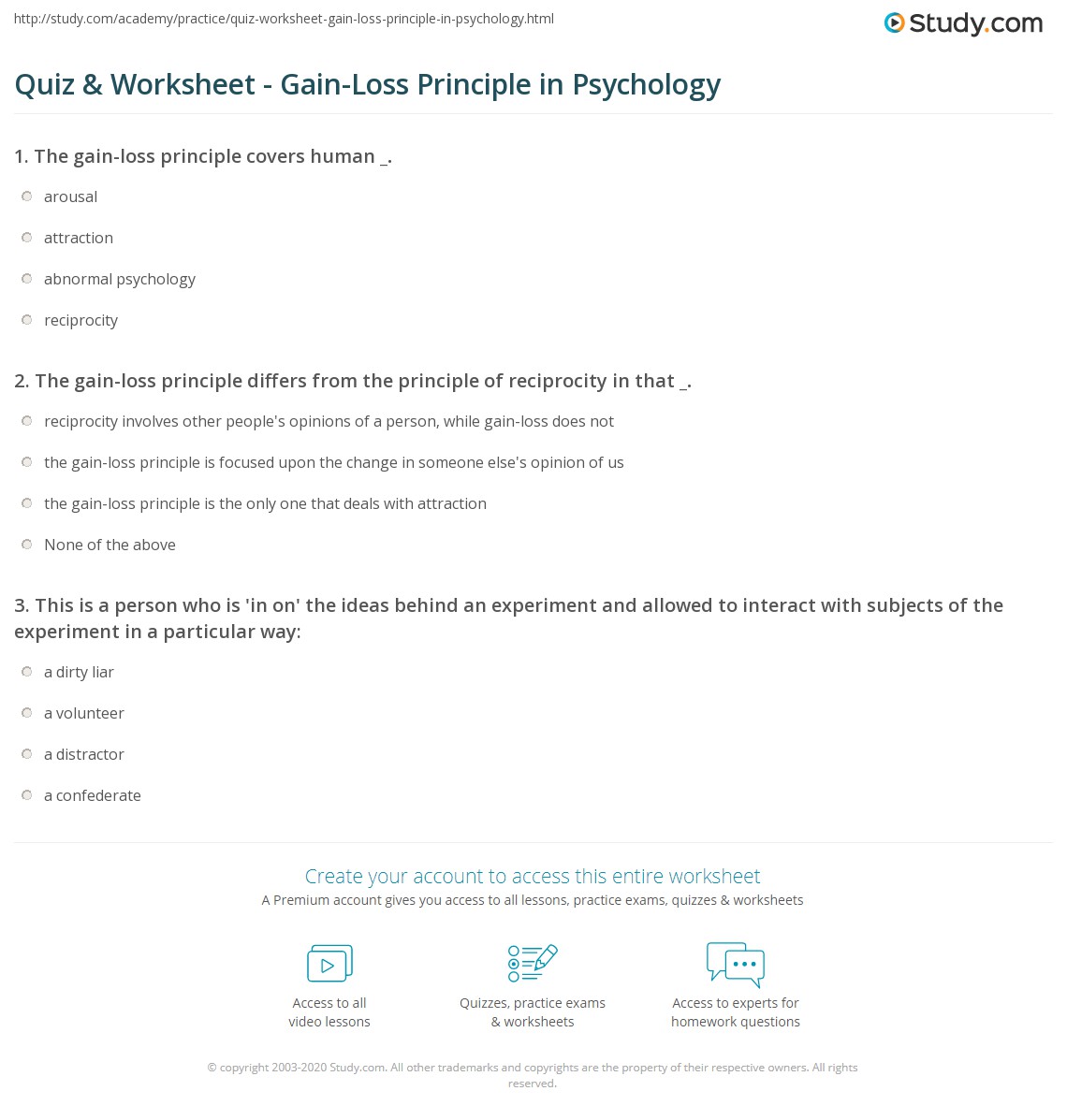 Quiz & Worksheet - Gain-Loss Principle in Psychology | Study.com