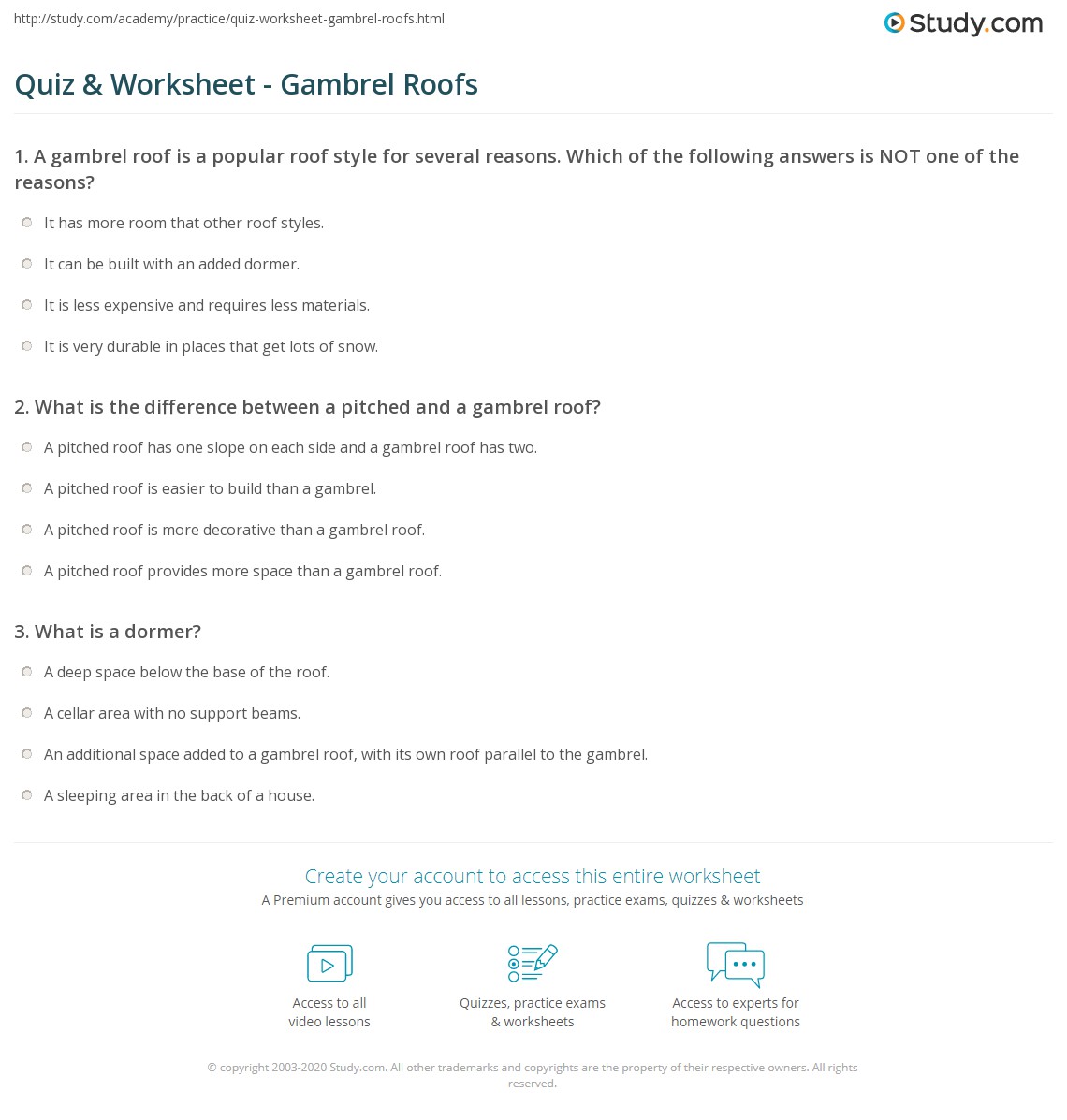 Quiz & Worksheet - Gambrel Roofs | Study.com