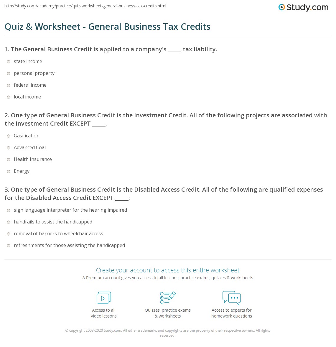 Quiz & Worksheet - General Business Tax Credits | Study.com