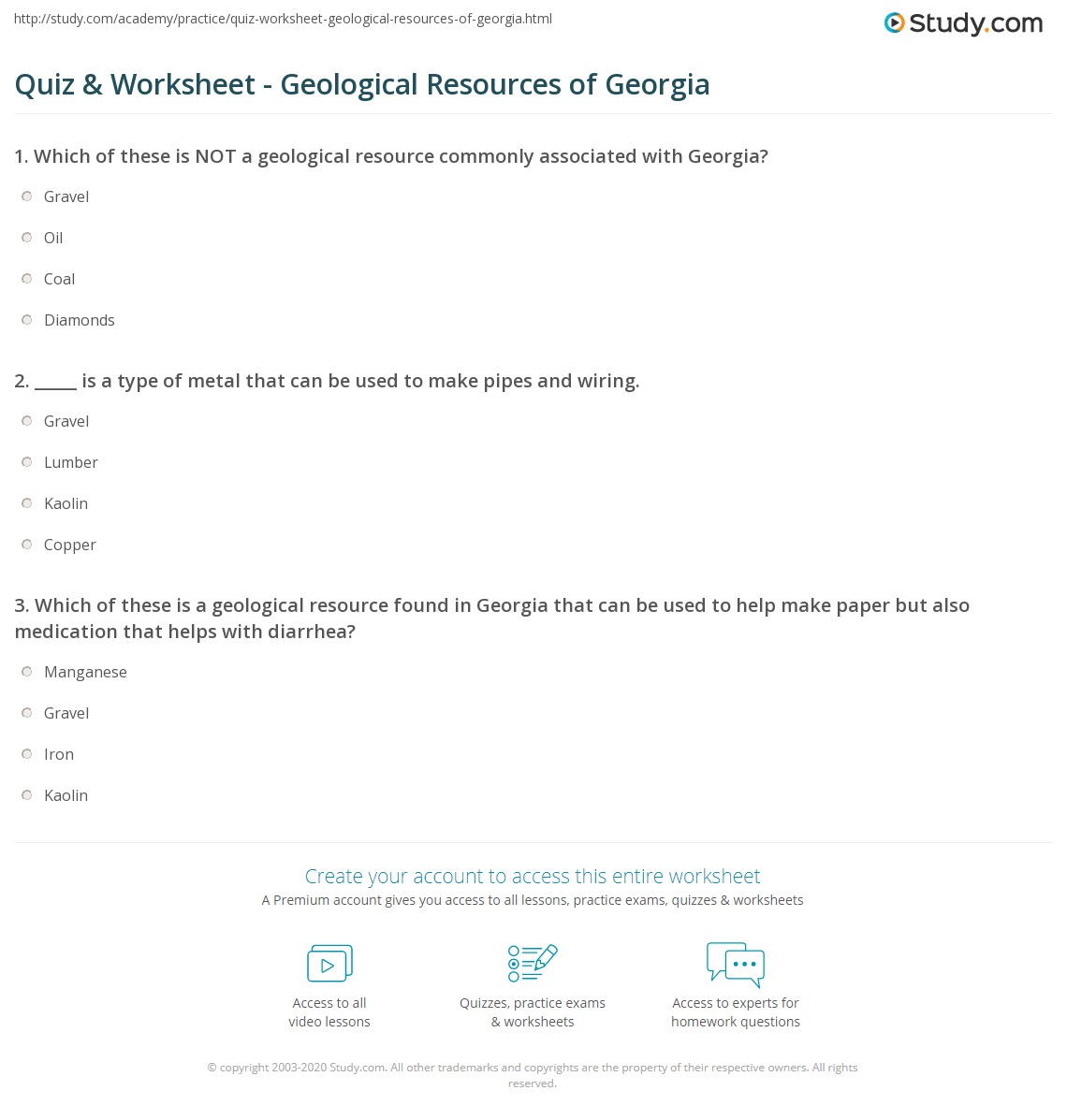 Quiz & Worksheet - Geological Resources of Georgia | Study.com