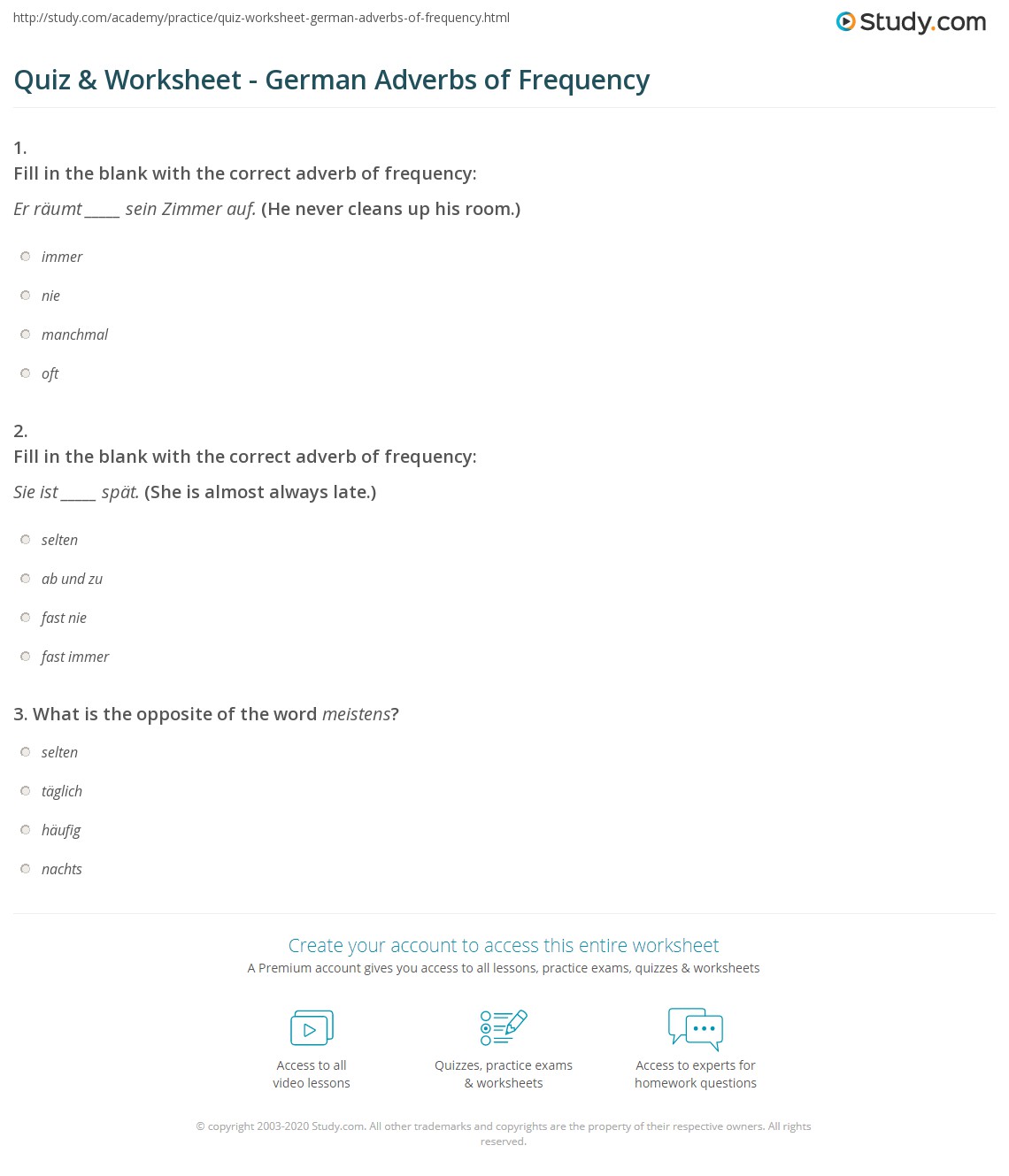 Quiz & Worksheet German Adverbs of Frequency