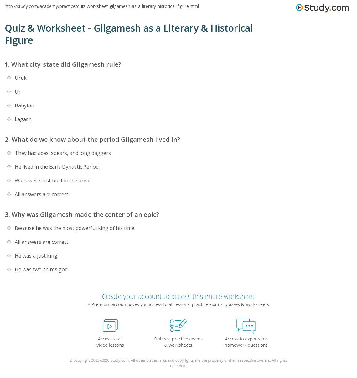 Quiz & Worksheet - Gilgamesh as a Literary & Historical Figure | Study.com
