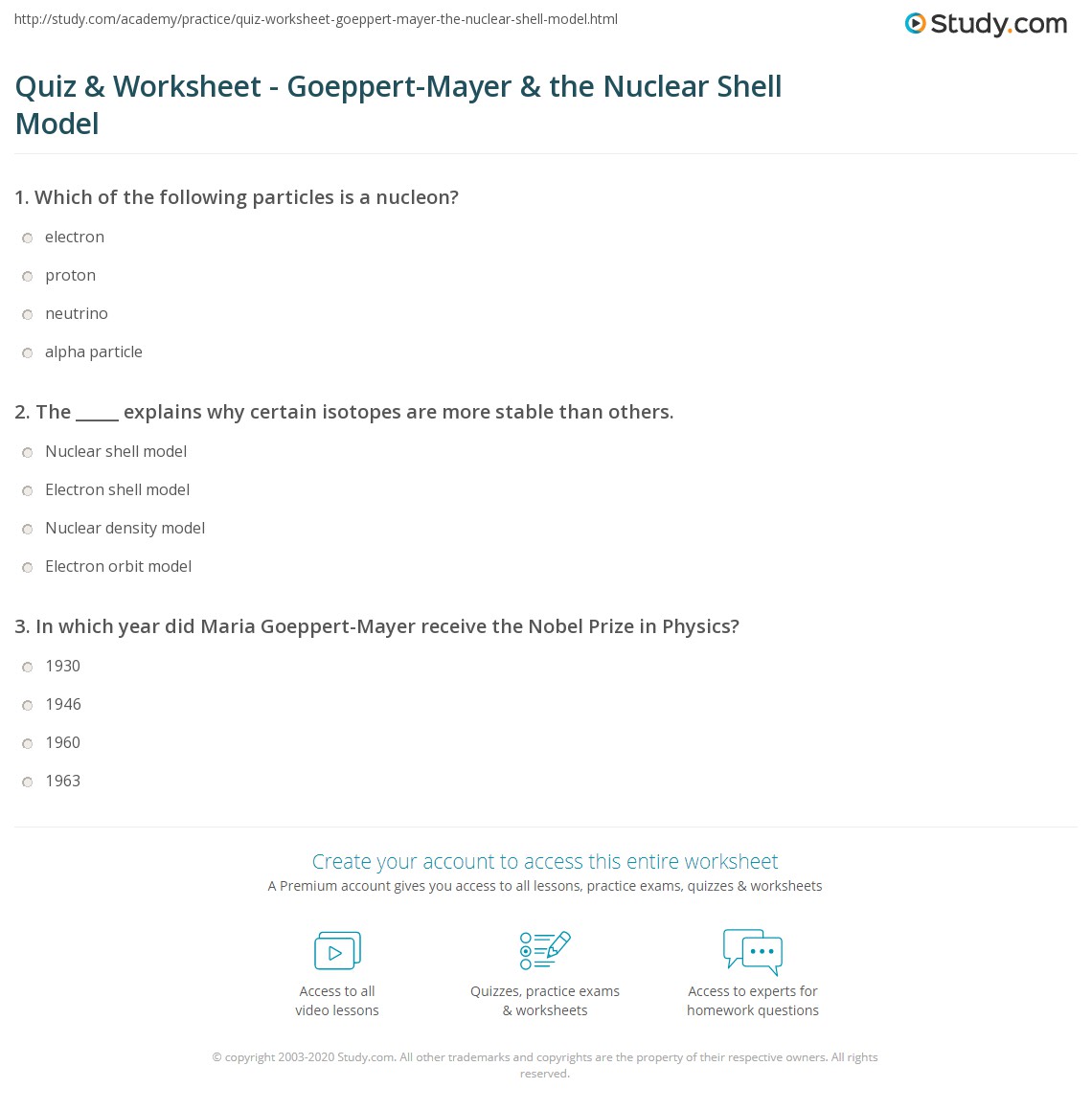 Quiz & Worksheet - Goeppert-Mayer & the Nuclear Shell Model | Study.com