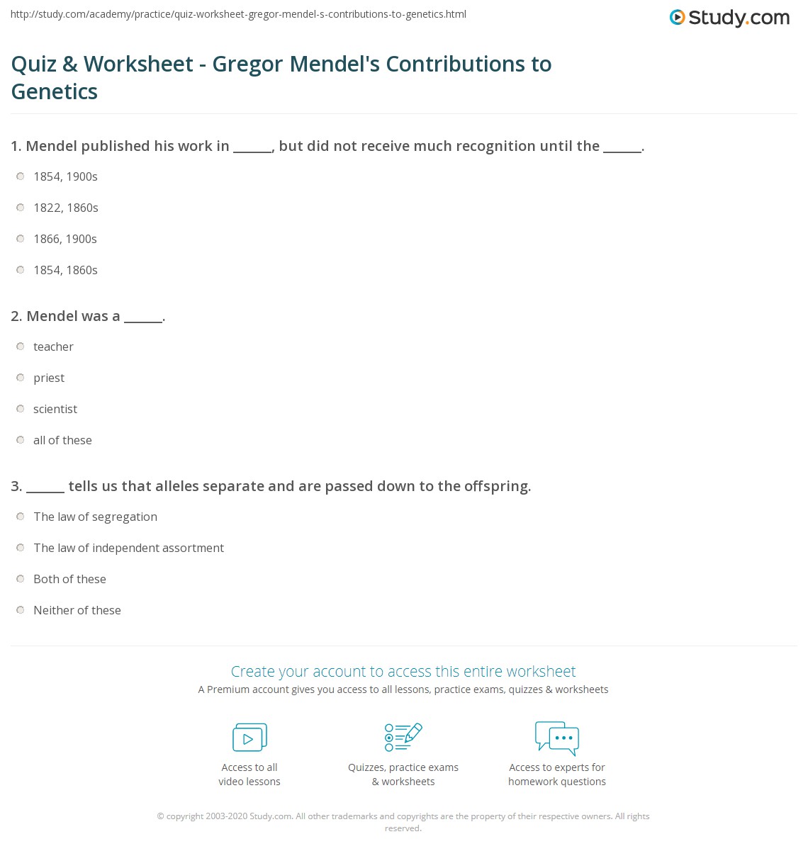 Quiz Worksheet Gregor Mendel s Contributions To Genetics Study