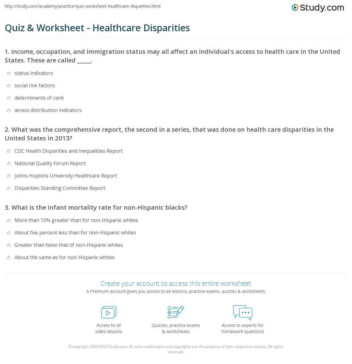 Quiz & Worksheet Healthcare Disparities