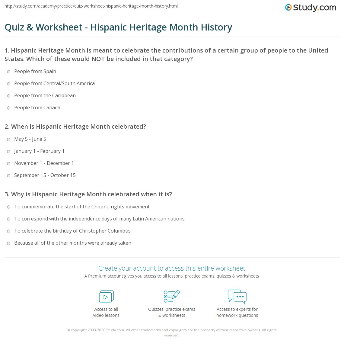 Quiz Worksheet Hispanic Heritage Month History Study