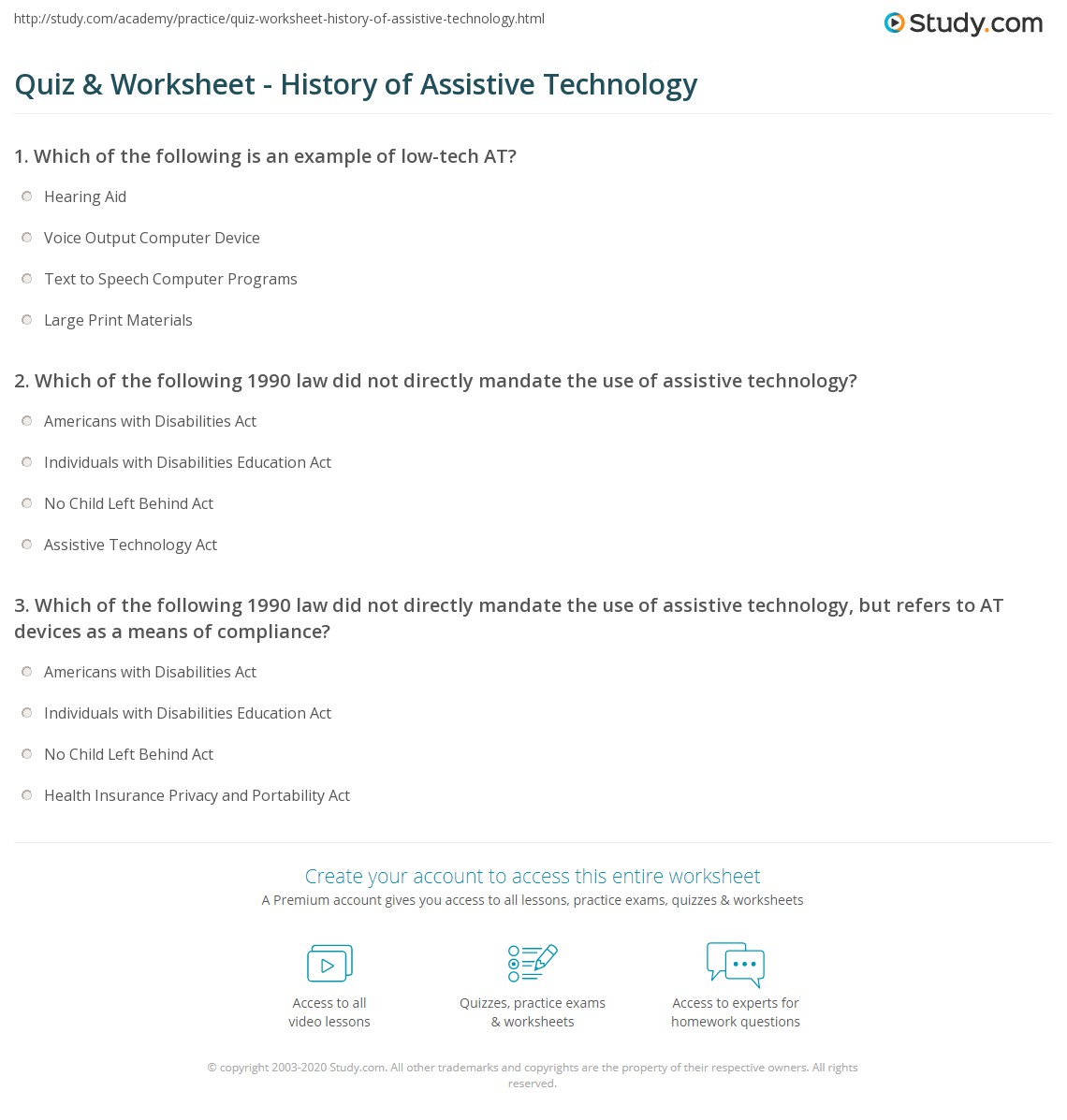 Quiz & Worksheet - History of Assistive Technology | Study.com