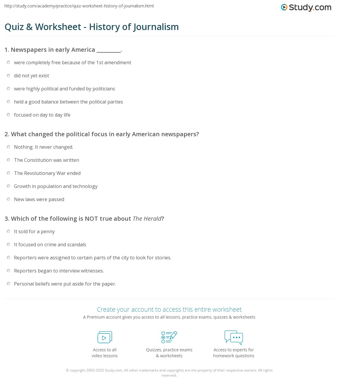 Quiz Worksheet History Of Journalism Study