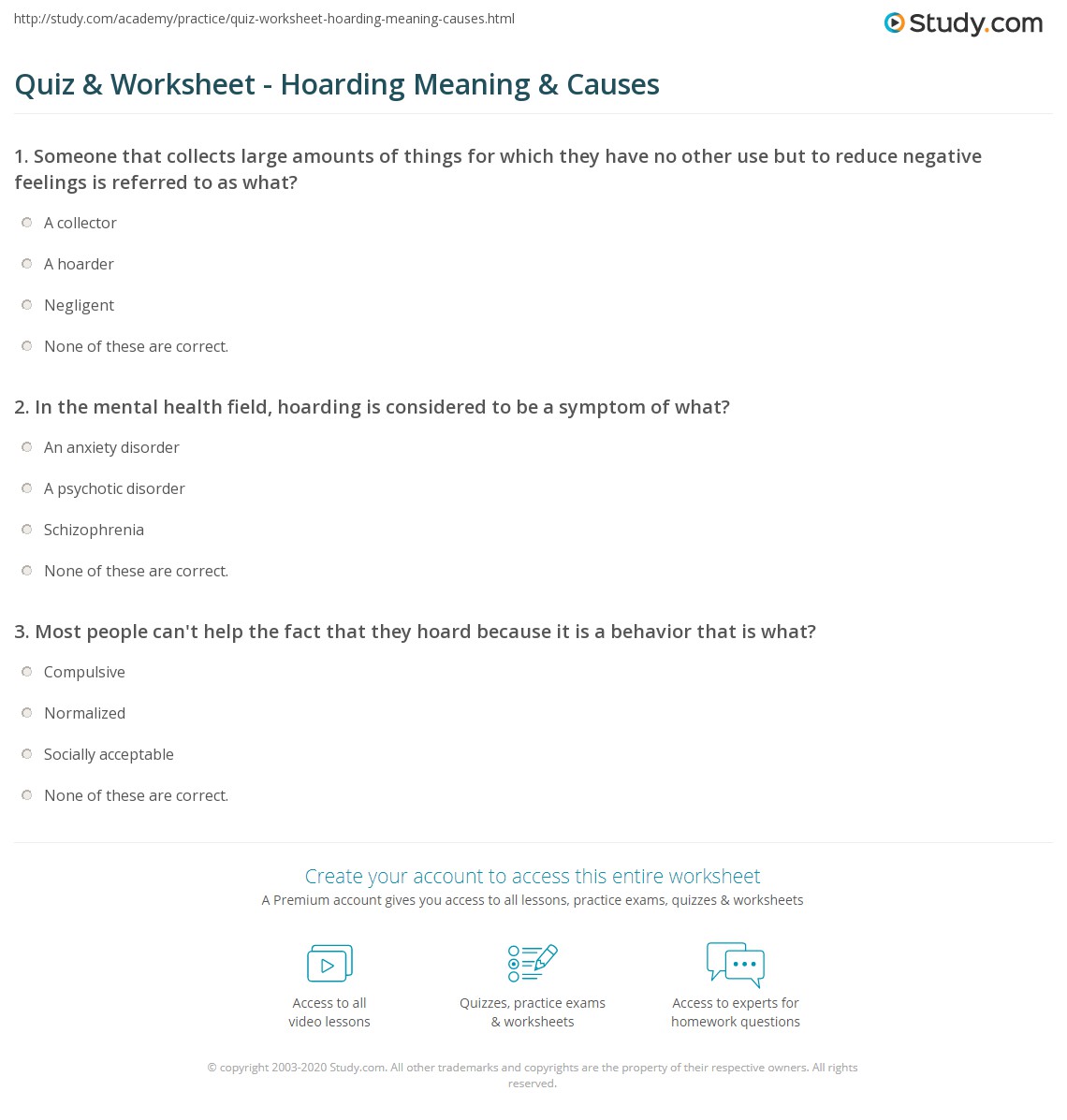 Quiz Worksheet Hoarding Meaning Causes Study