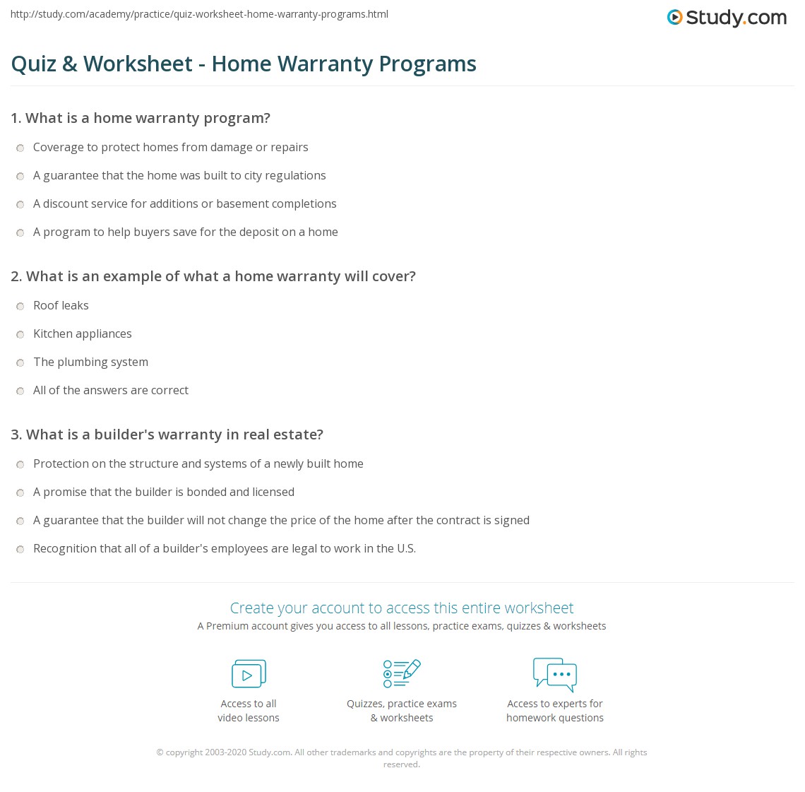 Quiz & Worksheet - Home Warranty Programs | Study.com