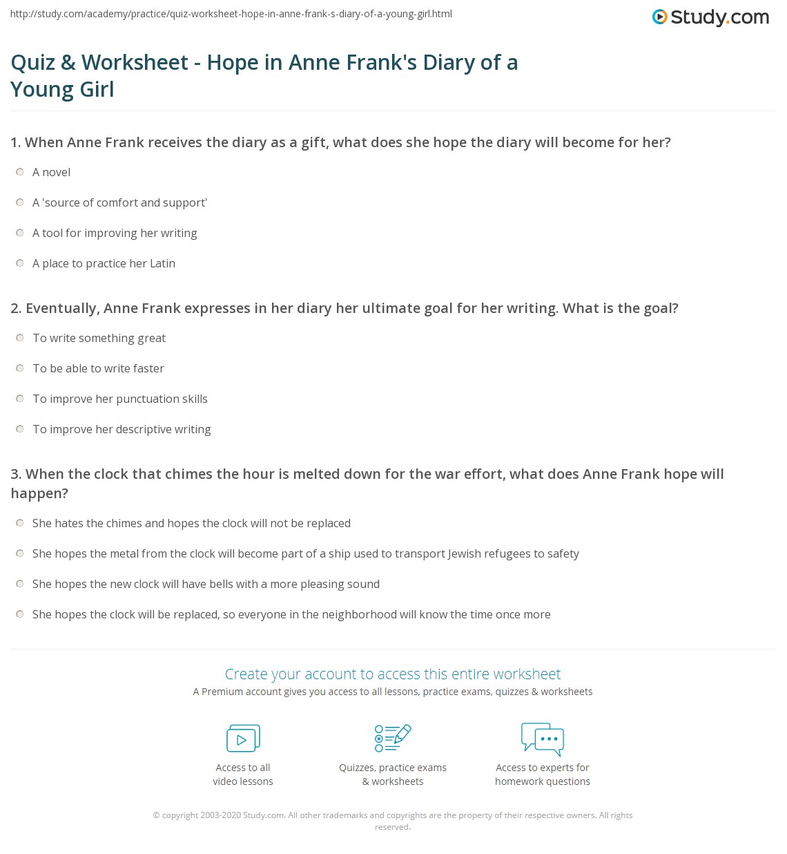 Quiz & Worksheet - Hope in Anne Frank's Diary of a Young Girl | Study.com