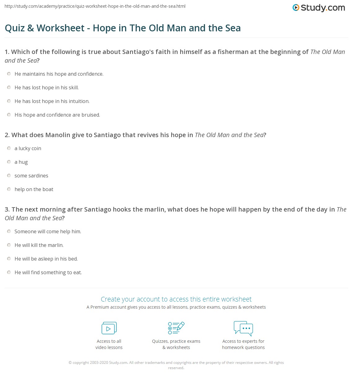Quiz & Worksheet - Hope in The Old Man and the Sea | Study.com