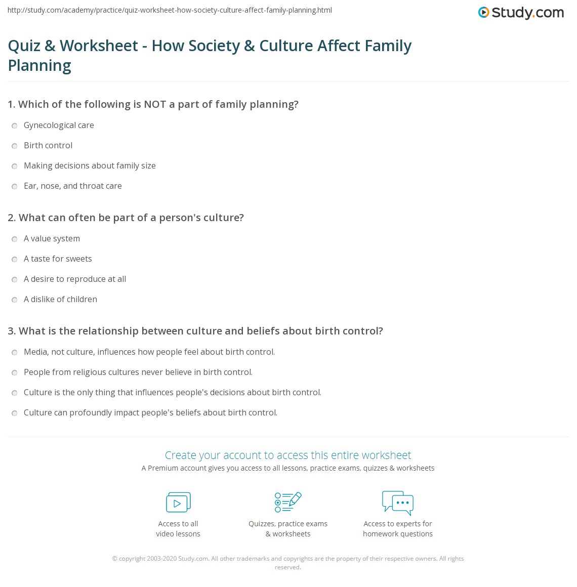 Quiz & Worksheet How Society & Culture Affect Family Planning