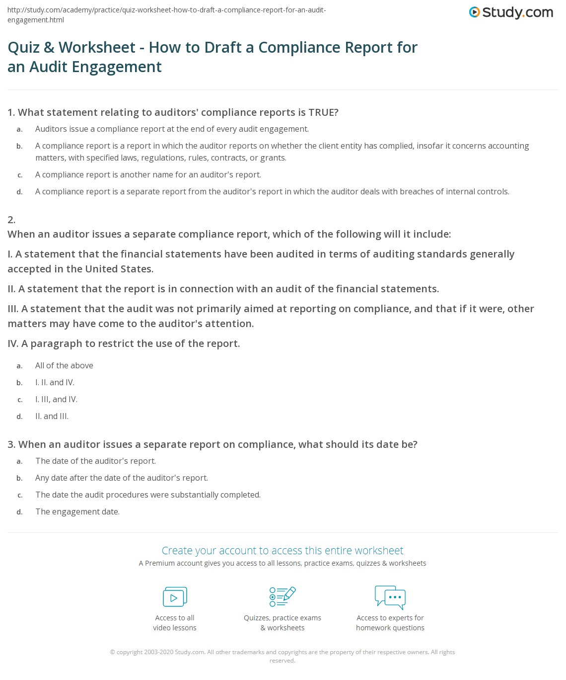 Quiz & Worksheet - How to Draft a Compliance Report for an Audit