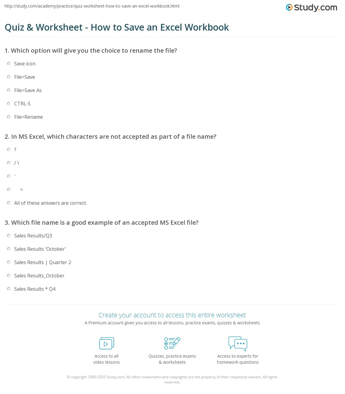 Quiz & Worksheet - How to Save an Excel Workbook | Study.com