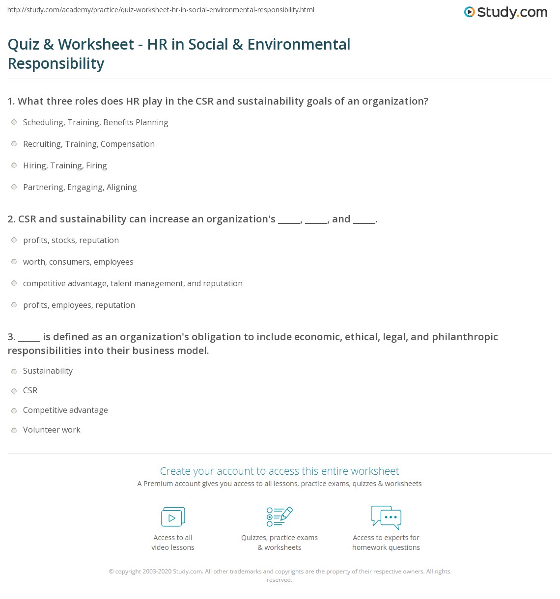 Quiz & Worksheet - HR in Social & Environmental Responsibility | Study.com