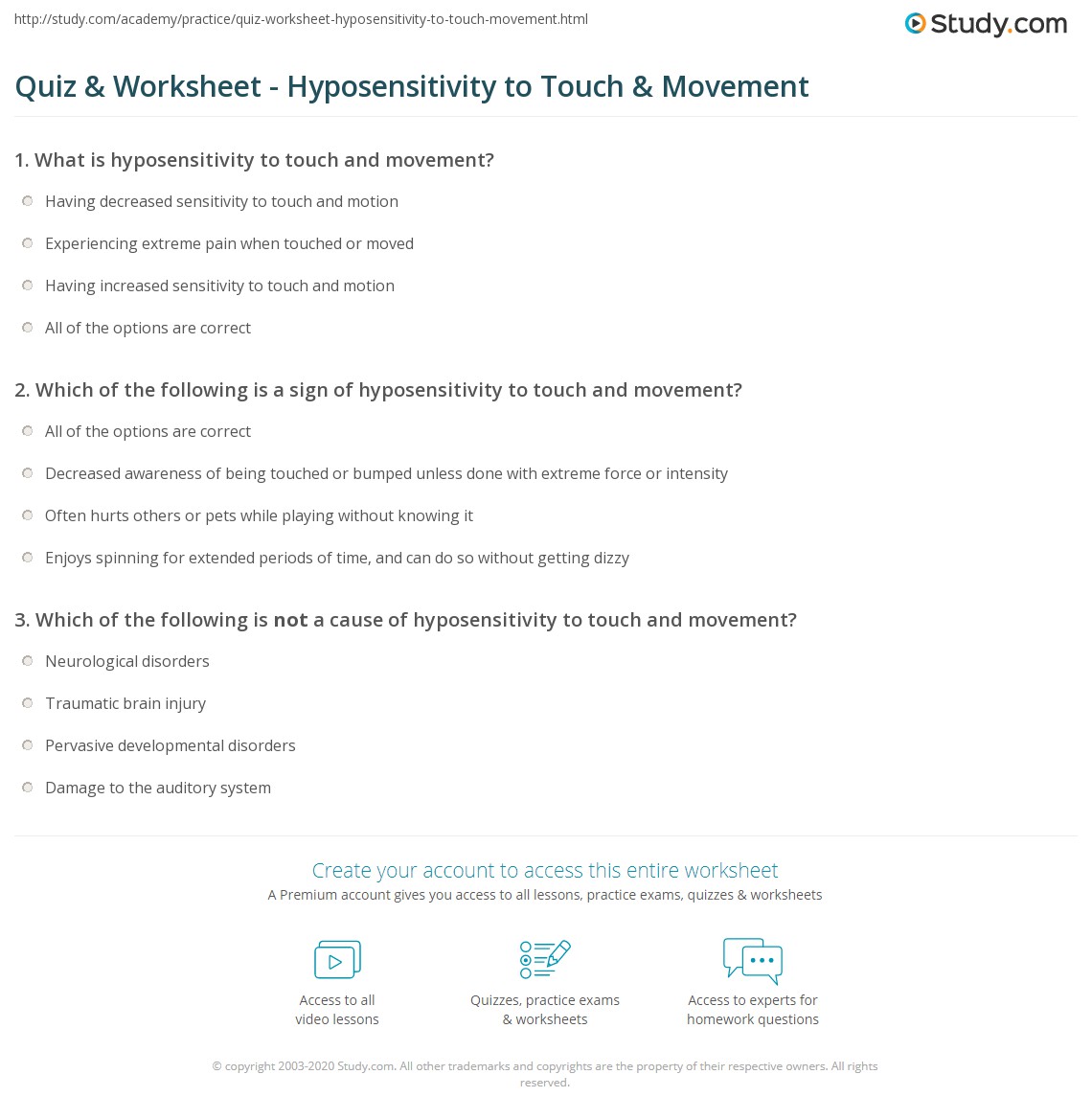 Quiz & Worksheet - Hyposensitivity to Touch & Movement | Study.com