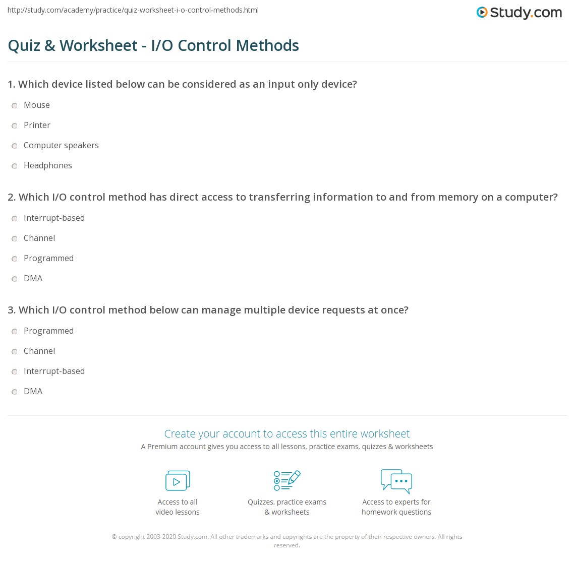 Quiz & Worksheet - I/O Control Methods | Study.com