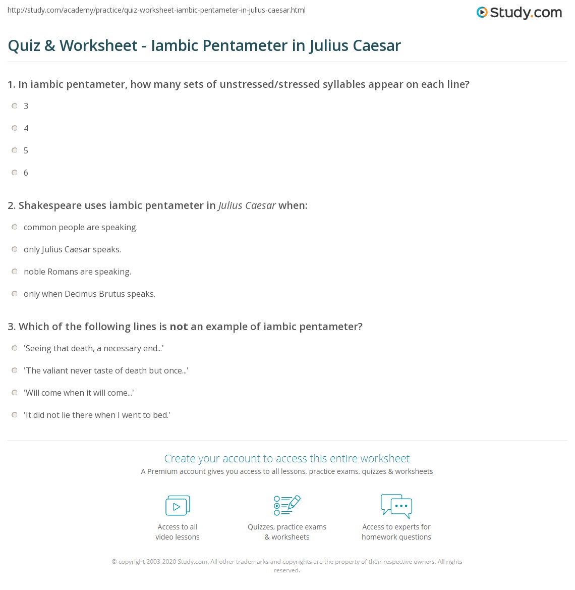 Quiz & Worksheet - Iambic Pentameter in Julius Caesar | Study.com