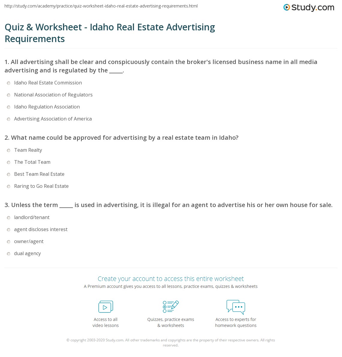 Quiz & Worksheet Idaho Real Estate Advertising Requirements