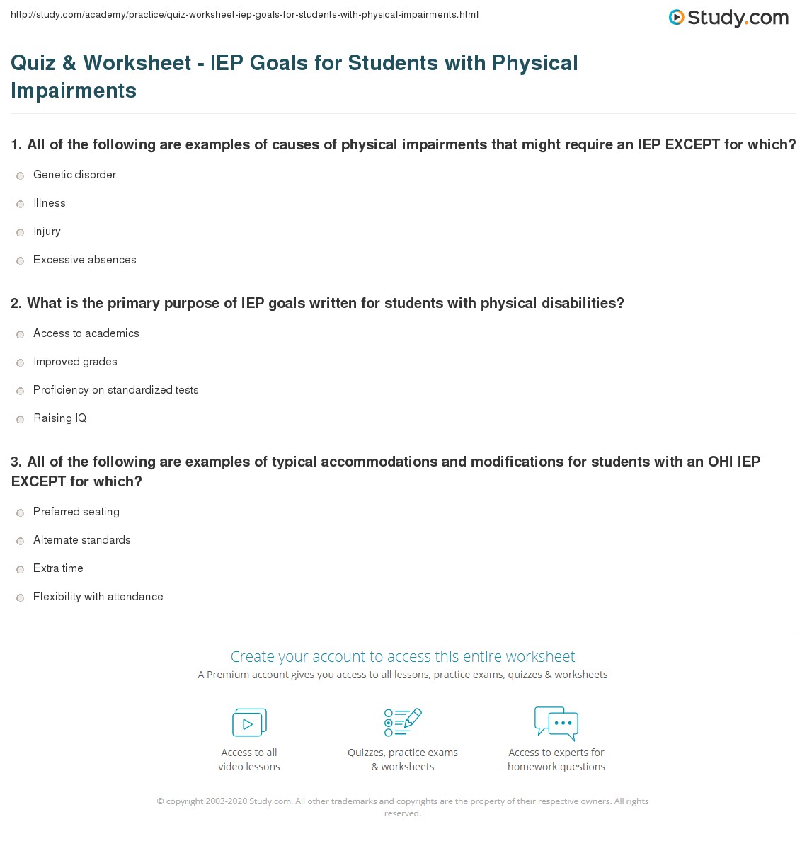 Quiz & Worksheet IEP Goals for Students with Physical Impairments