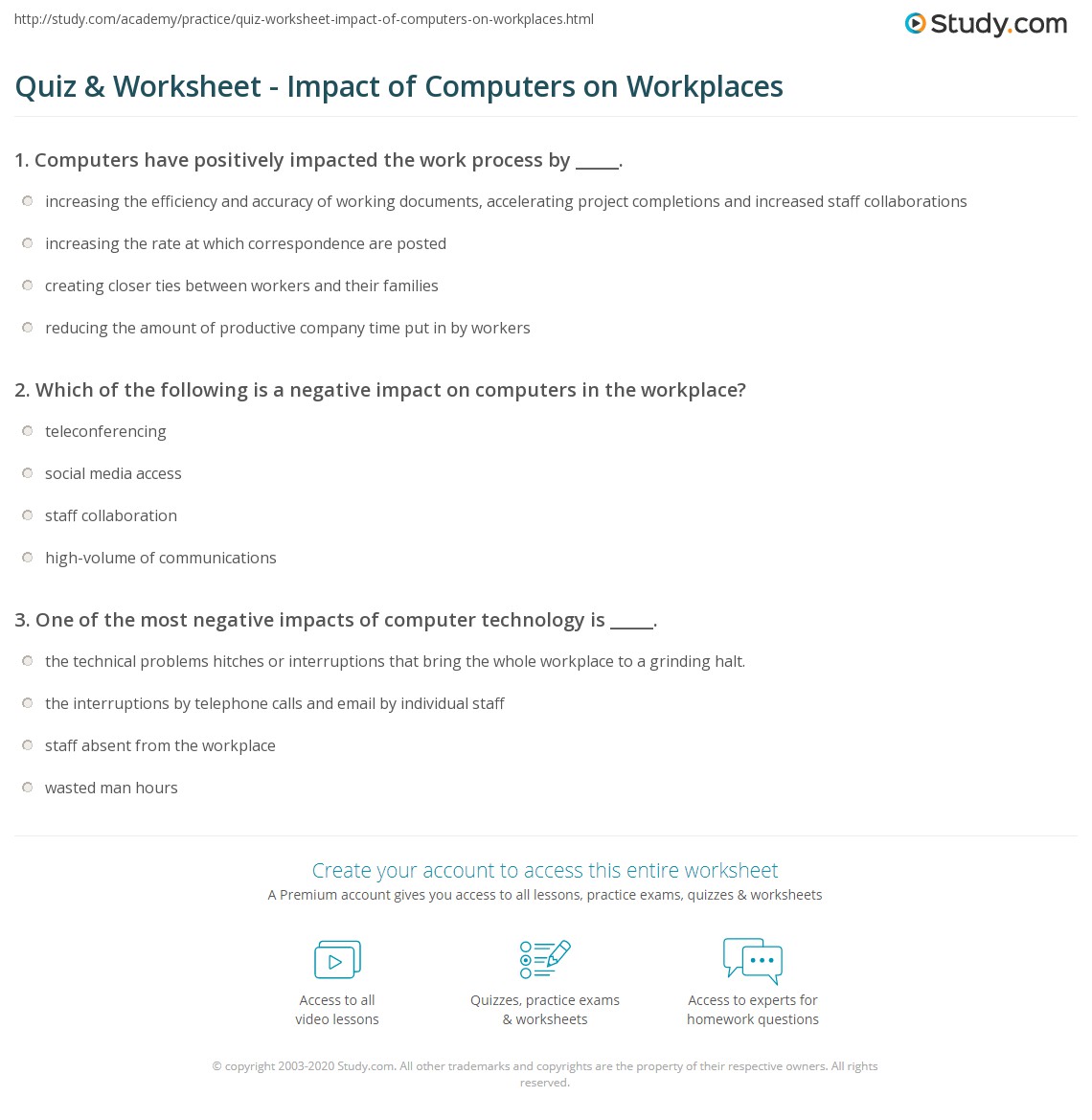 Quiz & Worksheet Impact of Computers on Workplaces