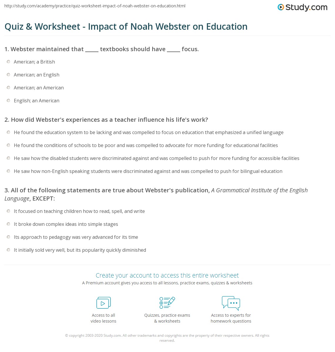 Quiz & Worksheet - Impact of Noah Webster on Education | Study.com