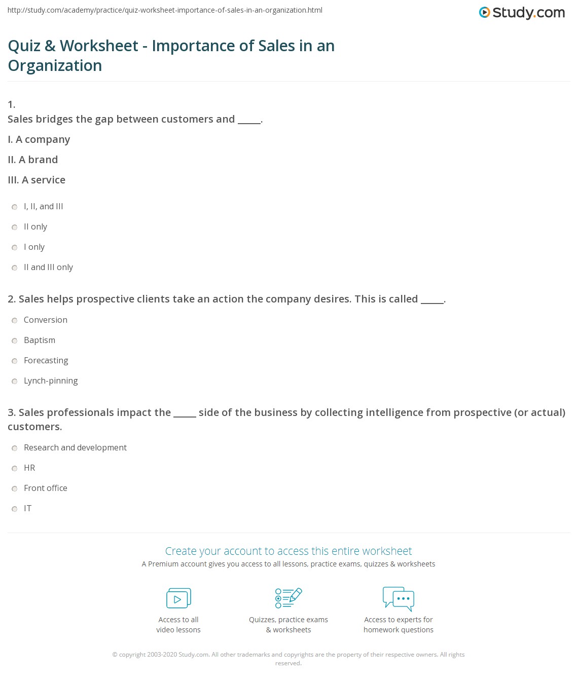 Quiz & Worksheet - Importance of Sales in an Organization | Study.com